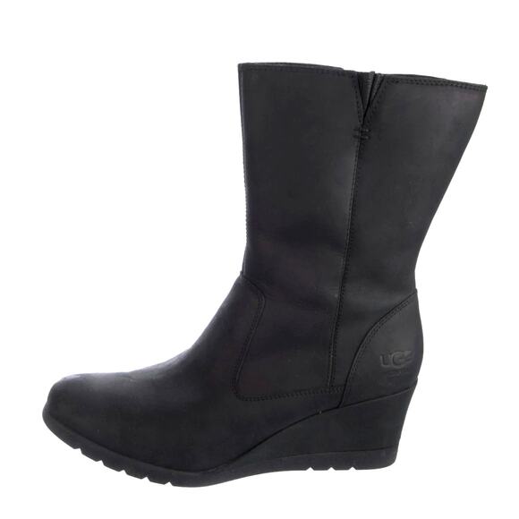 UGG Womans 9 Coraline Waterproof Leather $170 Wedge Boots Mid Calf Winter Black - Picture 1 of 4
